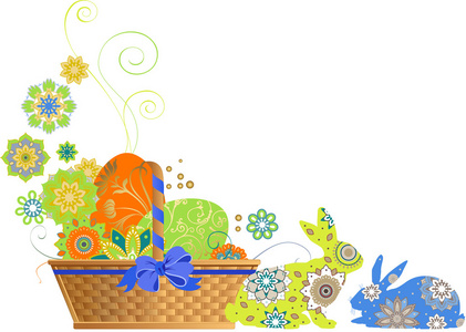 复活节篮子用鲜花和兔子