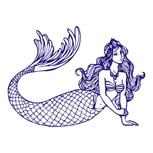 美人鱼与长的头发线艺术墨水绘制矢量插图隔离在白色背景着色书页