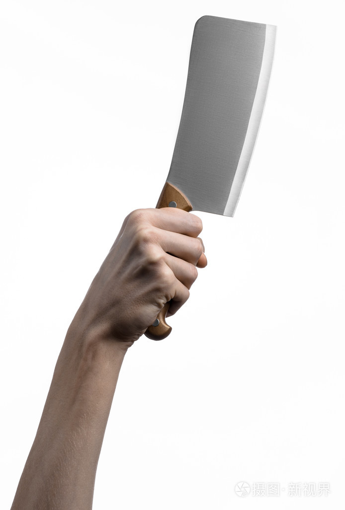 手上握的肉,切肉刀,厨师拿着一把刀,大片刀,厨房刀,厨房主题,白色背景