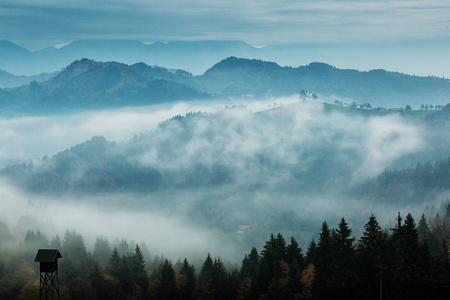 美丽的风景与圣托马兹教堂从斯洛文尼亚与雾