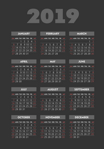 向量口袋2019年日历。周从星期日开始, 从10