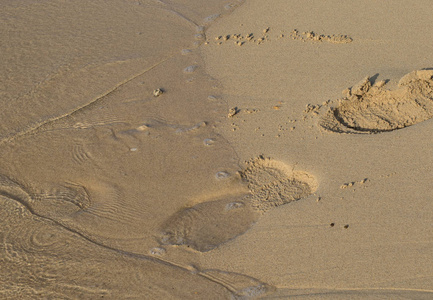 沙滩上的脚印被传入的潮汐图像冲走, 复制空间