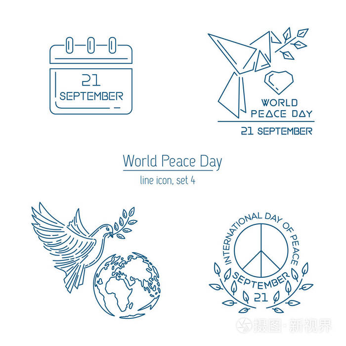 世界和平日线图标集合.设置4.国际和平日标志和徽章收藏.9月21日.