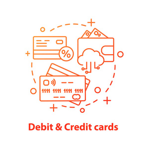 借记卡和信用卡概念图标。银行。财务交易。财务管理理念细线说明。向量被隔绝的轮廓图