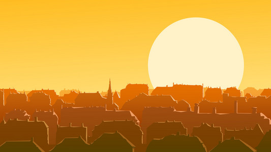 欧洲市中心在日落时的横向插图