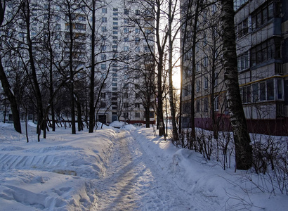 在阳光的照射下, 春天院子里的雪