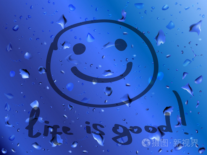 微笑.生活是美好的.在湿的玻璃上的题词