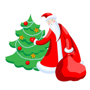 可爱的卡通圣诞老人装饰圣诞树快乐圣诞矢量插画贺卡海报