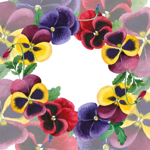 水彩五颜六色的中提琴花。花卉植物花卉。框架边框装饰方形