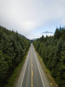 在一个充满活力的多云夏日里, 加拿大风景优美的道路鸟瞰图。在加拿大不列颠哥伦比亚省北部的温哥华岛上拍摄