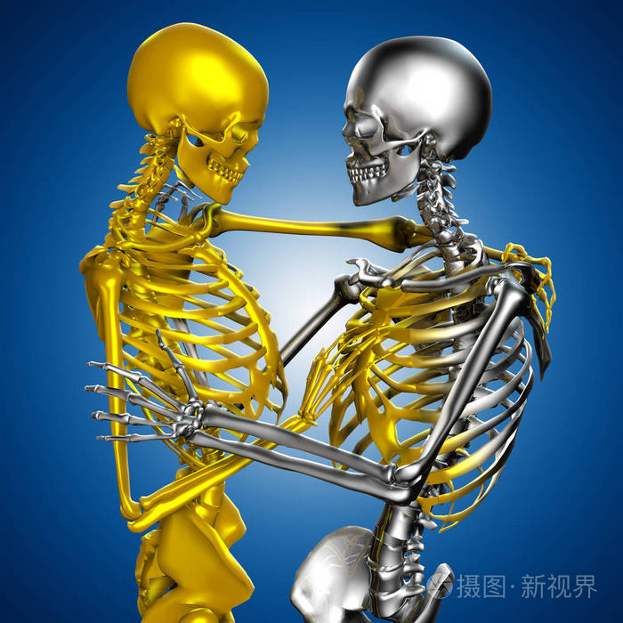 3d骷髅夫妇的例证黄金触摸