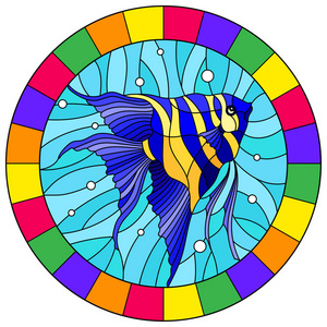 在水和气泡背景下的彩色玻璃风格和明亮的标量鱼插图, 框架中的圆形图像