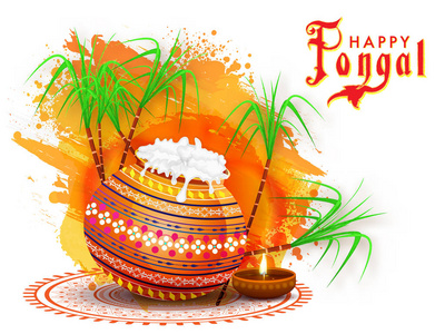 愉快的 pongal 贺卡设计与传统锅, 和照明油灯南印度收获节庆祝活动