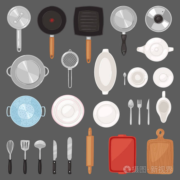 厨房用具矢量厨具或炊具烹调食品套装盘餐具和盘子的餐具和油炸锅或锅