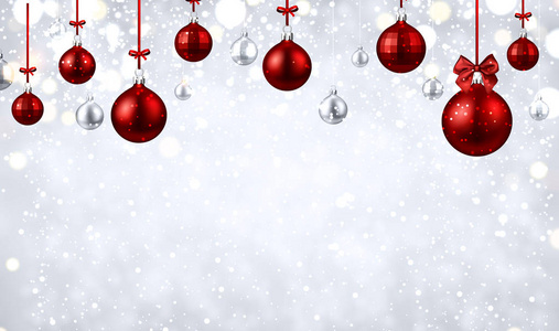 闪亮的圣诞快乐和新年快乐海报与红色的圣诞球和雪