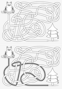 小猫装饰圣诞树迷宫的孩子与解决方案黑白