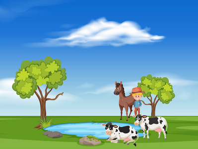 场景与马匹和奶牛例证