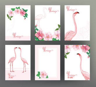 一套6张明信片, 横幅, 请柬, 礼品券与粉红色火烈鸟和热带花卉的模板。股票向量例证