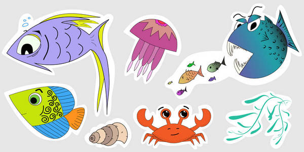 一组海洋居民的贴纸。婴儿插图鱼, 蟹, 水母, 海藻, 贝壳。儿童用的船用贴纸。海上套装贴纸