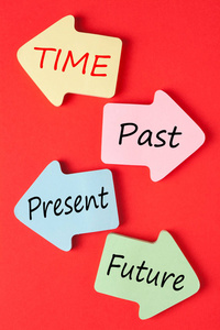 时间概念与关键字过去, 现在和未来写在纸箭头上。时间概念