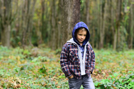 时尚男孩。秋天森林里的小孩有自己风格的孩子。秋季时尚趋势为小孩子。休闲活泼