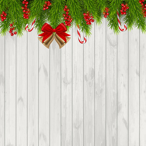 圣诞节背景与冷杉分支和红色浆果, 查出在木头背景