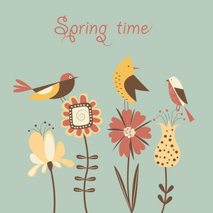 程式化的春天的花朵和鸟类