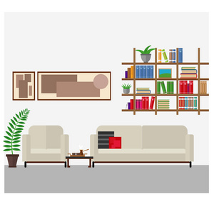 现代风格的起居室, 色彩鲜艳。家庭家具书架和室内植物的矢量插图集