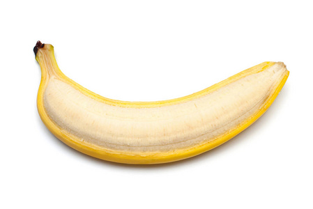 香蕉没有果皮隔离在白色背景上。创意水果理念。平面布局, 顶部视图