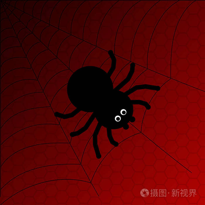 黑色卡通蜘蛛与网在红色背景.eps10