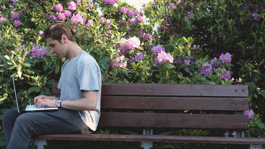 一个年轻英俊的小伙子 十几岁 正坐在公园的长凳上看书。概念 学习, 学校, 大学