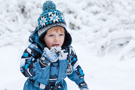 可爱的小孩男孩在冬季一天玩雪