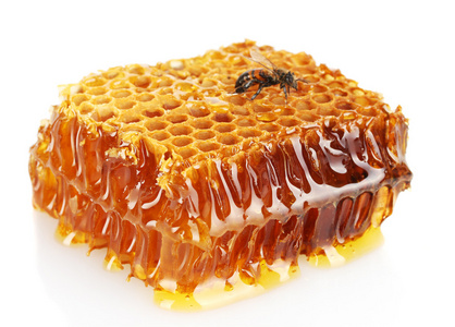 蜂蜜与蜜蜂，孤立在白色甜蜂窝