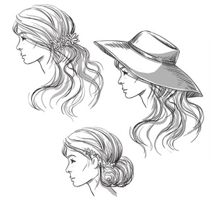 女孩与不同的发型。配置文件视图。戴着帽子的女孩。手绘