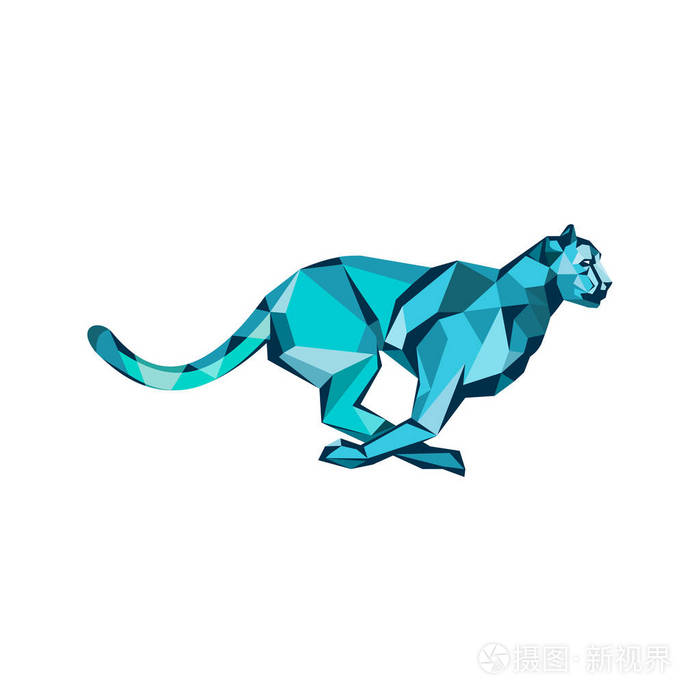 一只猎豹的低多边形样式例证在狩猎在全速奔跑从边看从被隔绝的背景
