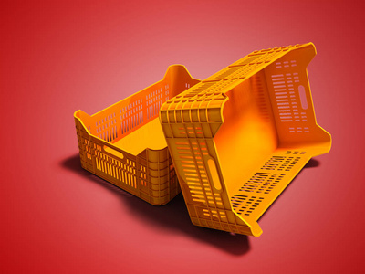 橙色塑料两盒空透视图在带阴影的红色背景上看3d 渲染