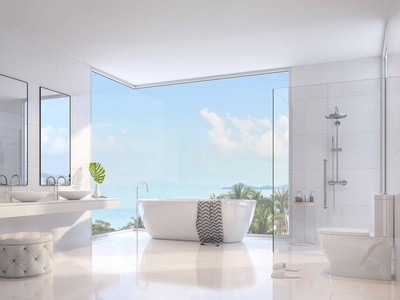 豪华浴室3d 渲染, 装饰与白色卫浴洁具, 玻璃墙淋浴, 双水槽和圆形浴缸, 有大窗户俯瞰海景