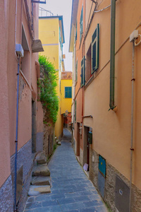 街道和五颜六色的房子在里奥马哲雷, 五渔村, 意大利的村庄
