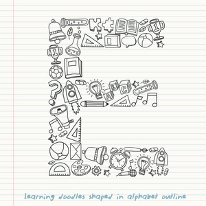 一组手绘的孩子学习涂鸦形状在字母 向量例证