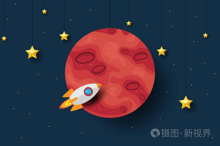 火星行星与火箭纸艺术设计背景可爱的设计卡通空间背景向量例证每股