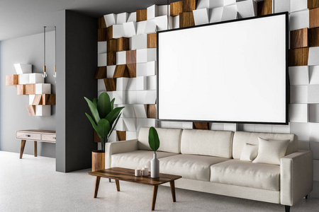 白色和木质瓷砖墙客厅角, 配有混凝土地板白色沙发和咖啡桌。3d 渲染水平模拟海报框架