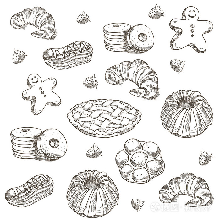 手的素描画的甜点甜品糕点烘焙产品甜甜圈,馅饼, 羊角面包,饼干