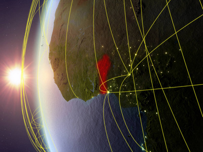 贝宁从太空模型上的地球在日落与国际网络。数字通信或旅行的概念。3d 插图。美国宇航局提供的这张图片的元素