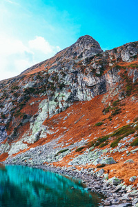 秋黄阿尔卑斯, 高山湖水清澈。落基山脉山顶, 秋季, 风景秀丽