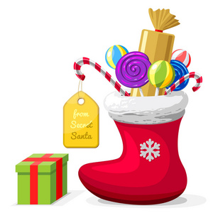 来自秘密圣诞老人的礼物概念。圣诞红袜配礼物和糖果。在白色背景的动画片样式的向量例证