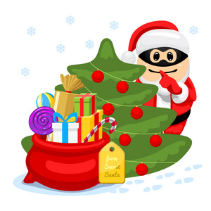 秘密圣诞老人的概念。圣诞老人躲在圣诞树后面, 旁边有礼物和糖果的袋子。在白色背景的动画片样式的向量例证