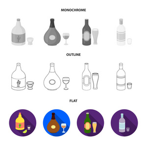 龙舌兰酒白兰地啤酒伏特加酒精集合图标在平面, 轮廓, 单色风格矢量符号股票插画网站