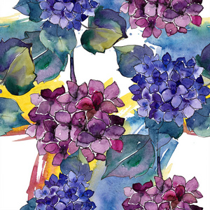 水彩蓝色和紫罗兰色的 gortenzia 花。花卉植物花。无缝背景图案