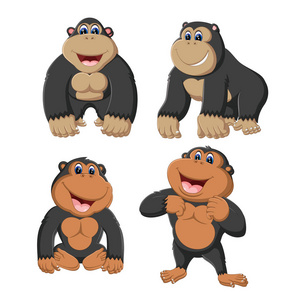 大猩猩的集合在不同的摆姿势和愉快的面孔