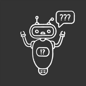 帮助 chatbot 粉笔图标, 困惑的机器人在语音气泡问号